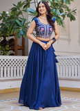 Blue Vichitra Silk Thread Embroidered Jacket Style Lehenga For Party