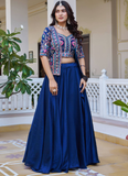Blue Vichitra Silk Thread Embroidered Jacket Style Lehenga For Party