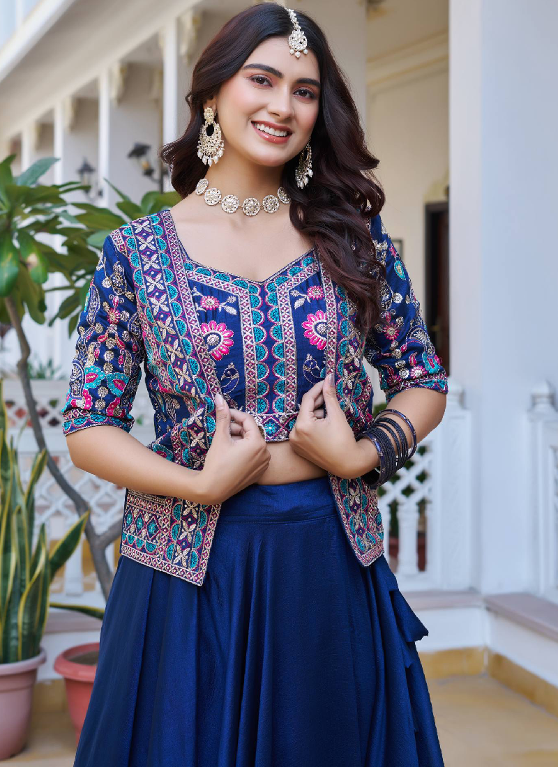 Blue Vichitra Silk Thread Embroidered Jacket Style Lehenga For Party