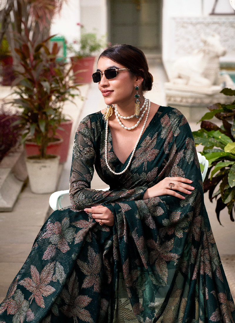 Brasso Bottle Green Floral Printed Reception Wear Saree With Blouse