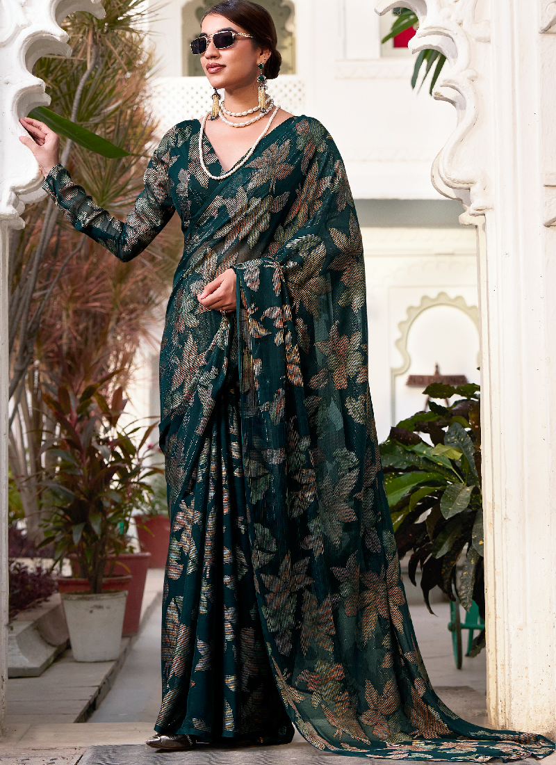 Brasso Bottle Green Floral Printed Reception Wear Saree With Blouse