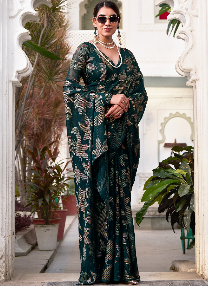Brasso Bottle Green Floral Printed Reception Wear Saree With Blouse