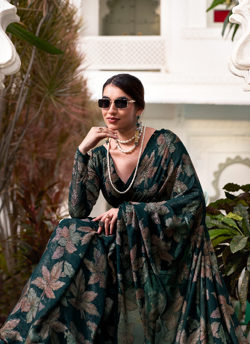 Brasso Bottle Green Floral Printed Reception Wear Saree With Blouse