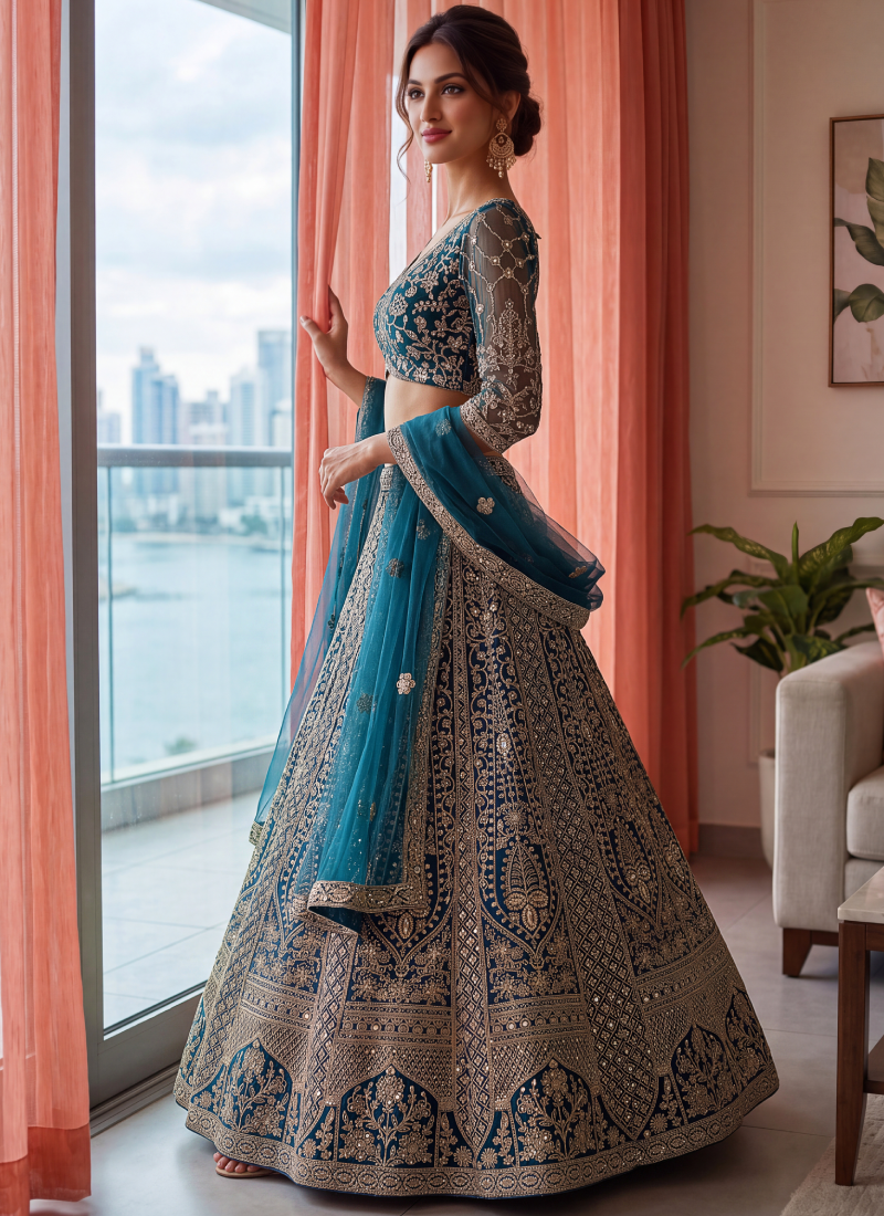 Bridal Wear Blue Sequence Embroidery Net Lehenga Choli With Dupatta