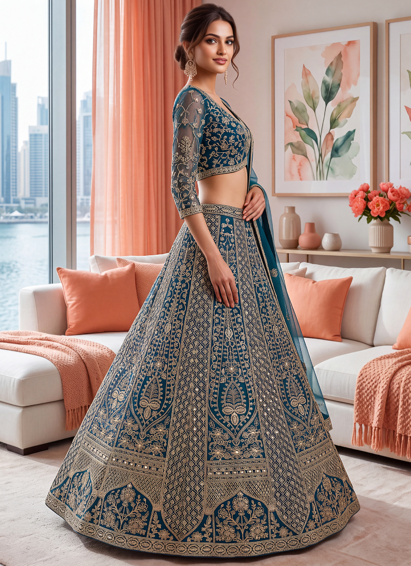 Bridal Wear Blue Sequence Embroidery Net Lehenga Choli With Dupatta