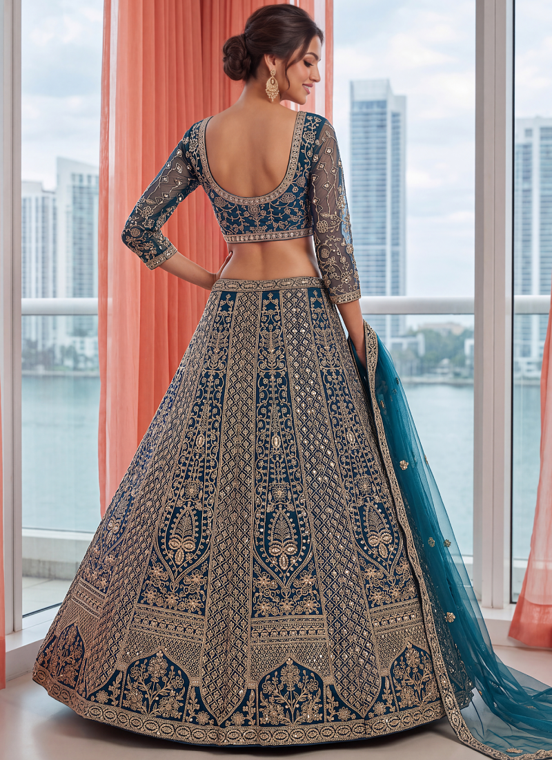 Bridal Wear Blue Sequence Embroidery Net Lehenga Choli With Dupatta
