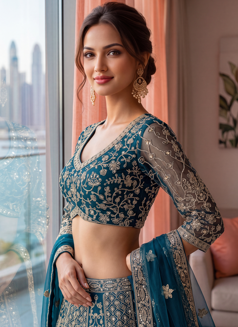 Bridal Wear Blue Sequence Embroidery Net Lehenga Choli With Dupatta