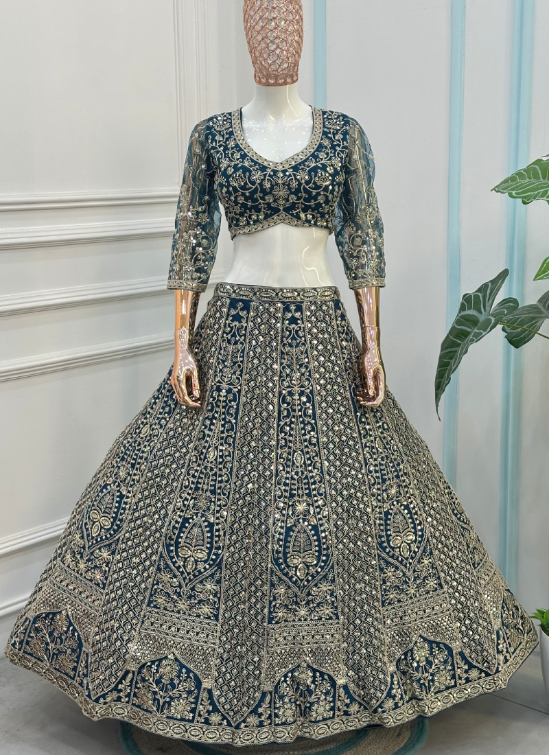 Bridal Wear Blue Sequence Embroidery Net Lehenga Choli With Dupatta
