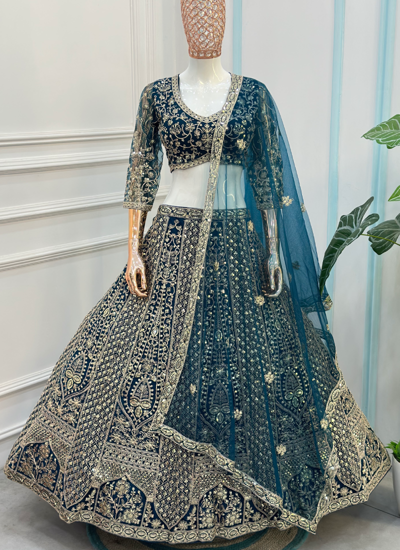 Bridal Wear Blue Sequence Embroidery Net Lehenga Choli With Dupatta