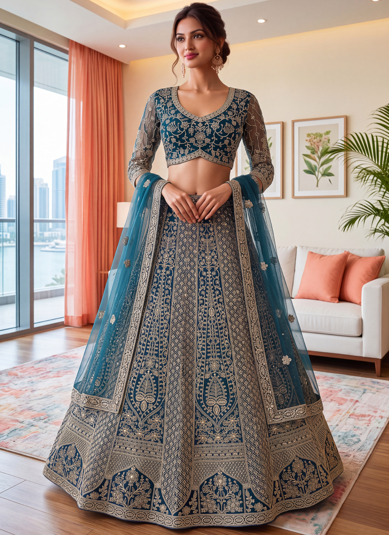 Bridal Wear Blue Sequence Embroidery Net Lehenga Choli With Dupatta
