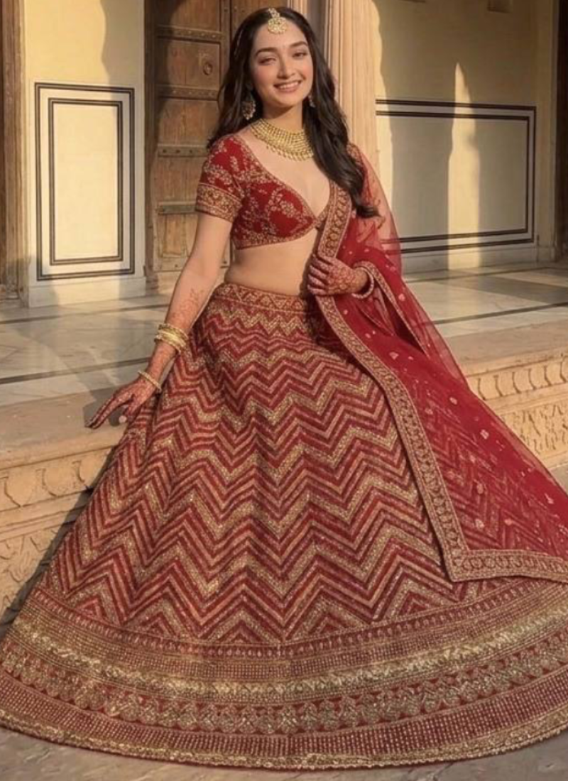 Bridal Wear Heavy Sequence Thread Work Maroon Thai Silk Lehenga Choli