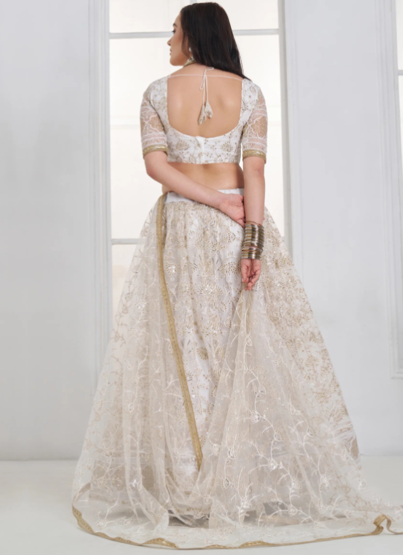 Bridesmaid Net White Thread Embroidery Sequence Lehenga Choli Set