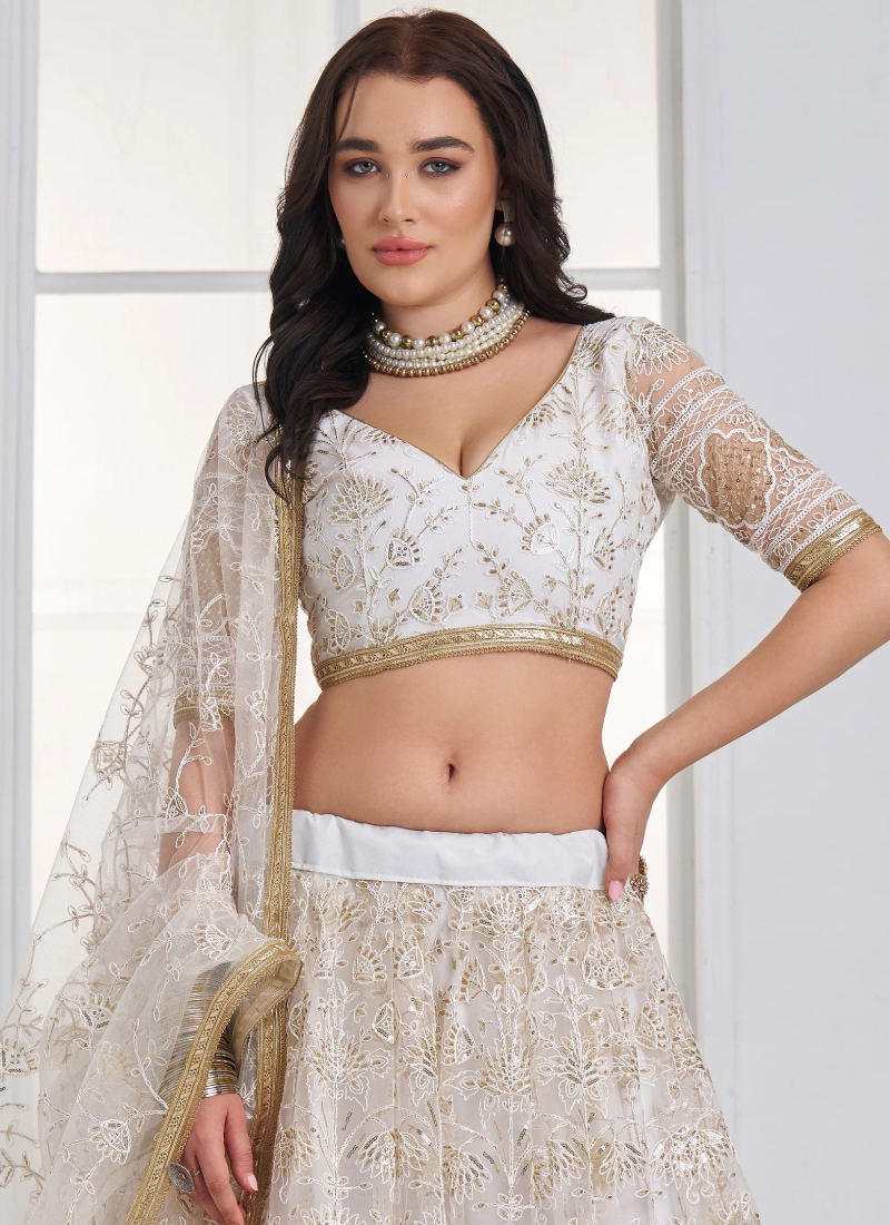 Bridesmaid Net White Thread Embroidery Sequence Lehenga Choli Set