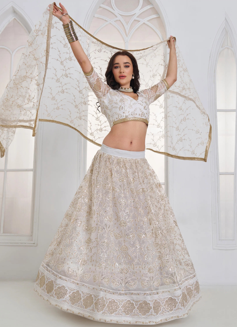Bridesmaid Net White Thread Embroidery Sequence Lehenga Choli Set