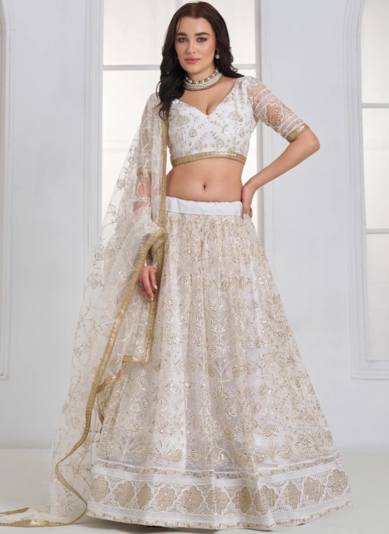 Bridesmaid Net White Thread Embroidery Sequence Lehenga Choli Set