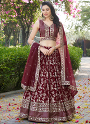 Bridesmaids Maroon Zari Weaving Sequence Embroidery Silk Lehenga Choli