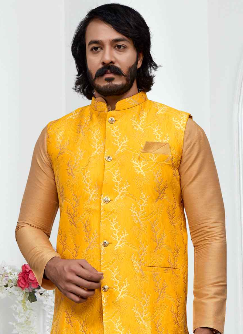Brocade Yellow Jacket With Cream Woven Art Silk Kurta Pyjamas