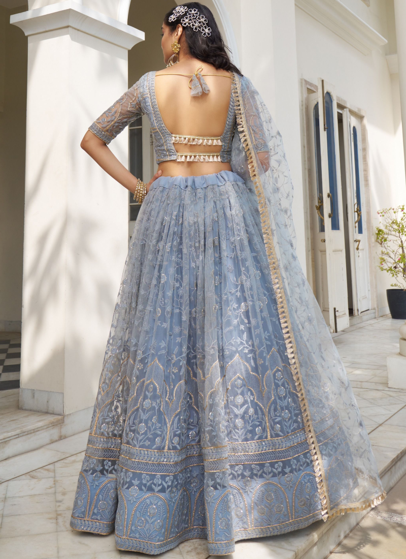 Butterfly Net Thread Embroidery Wedding Light Blue Lehenga Choli