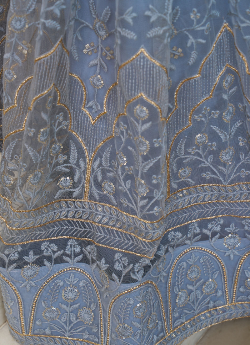 Butterfly Net Thread Embroidery Wedding Light Blue Lehenga Choli