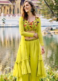 Captivating Georgette Embroidered Green Palazzo Suit With Koti