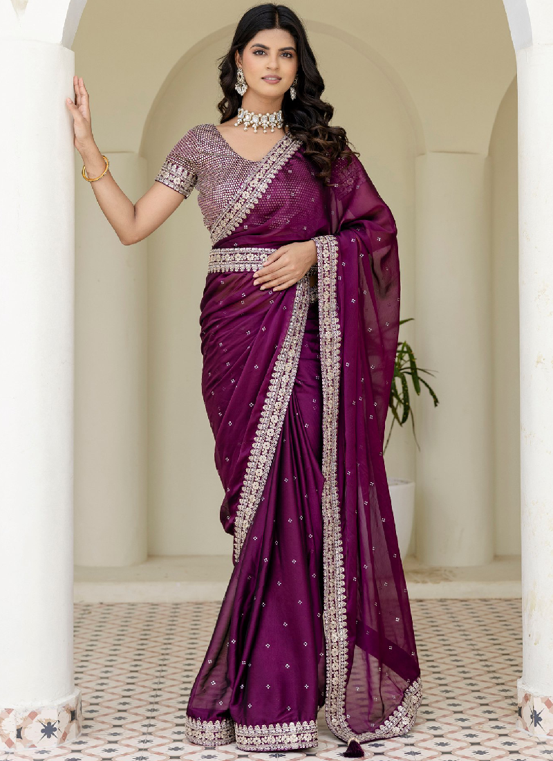 Captivating Sequence Work Silk Wedding Wear Wine Saree With Blouse
