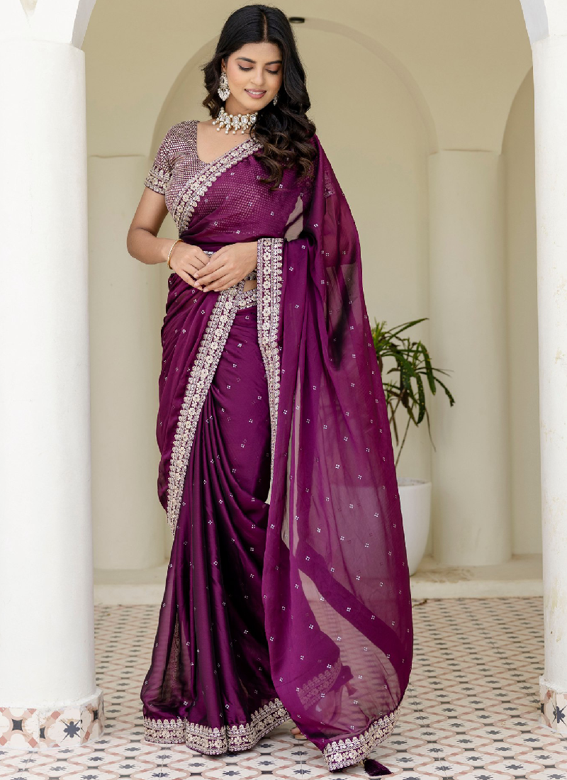 Captivating Sequence Work Silk Wedding Wear Wine Saree With Blouse