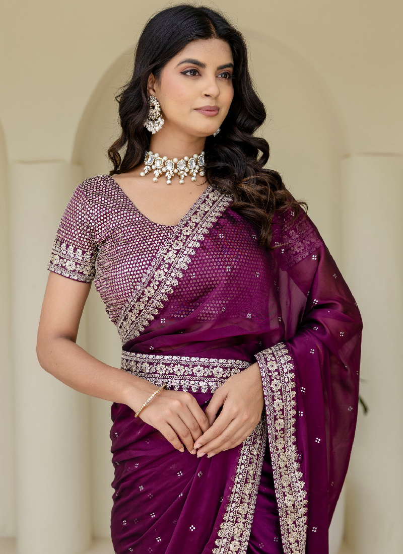 Captivating Sequence Work Silk Wedding Wear Wine Saree With Blouse