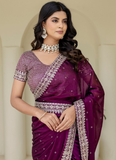 Captivating Sequence Work Silk Wedding Wear Wine Saree With Blouse