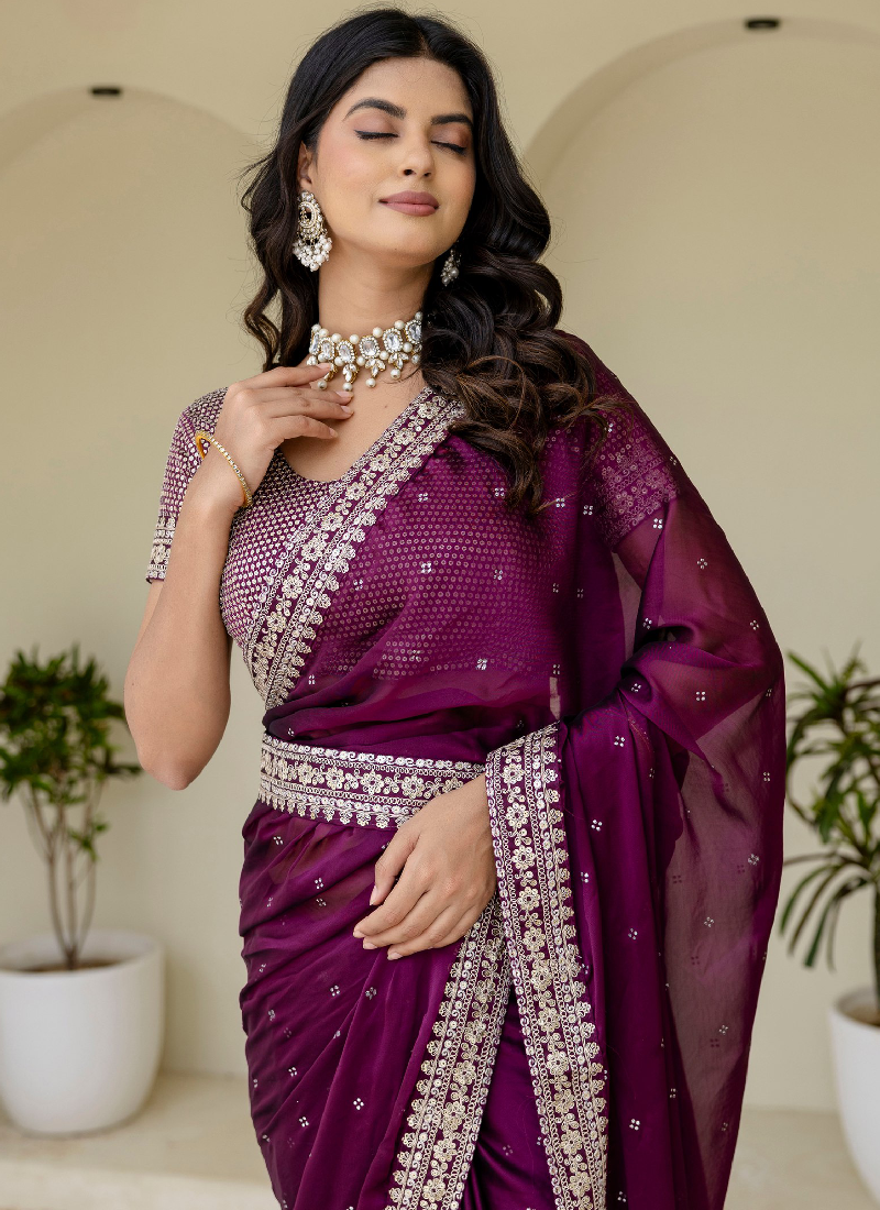 Captivating Sequence Work Silk Wedding Wear Wine Saree With Blouse