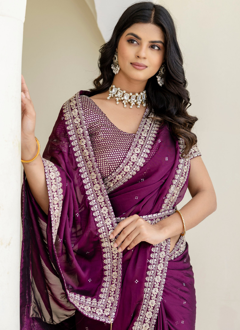 Captivating Sequence Work Silk Wedding Wear Wine Saree With Blouse