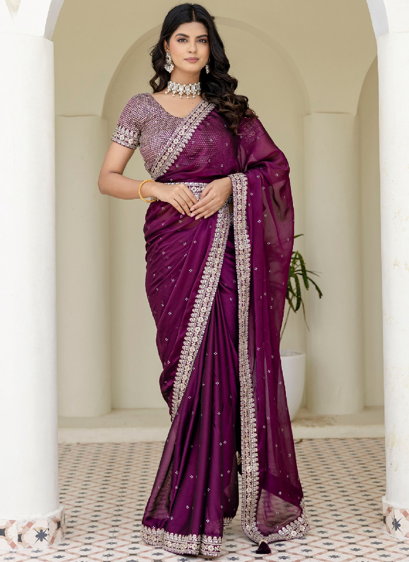 Captivating Sequence Work Silk Wedding Wear Wine Saree With Blouse