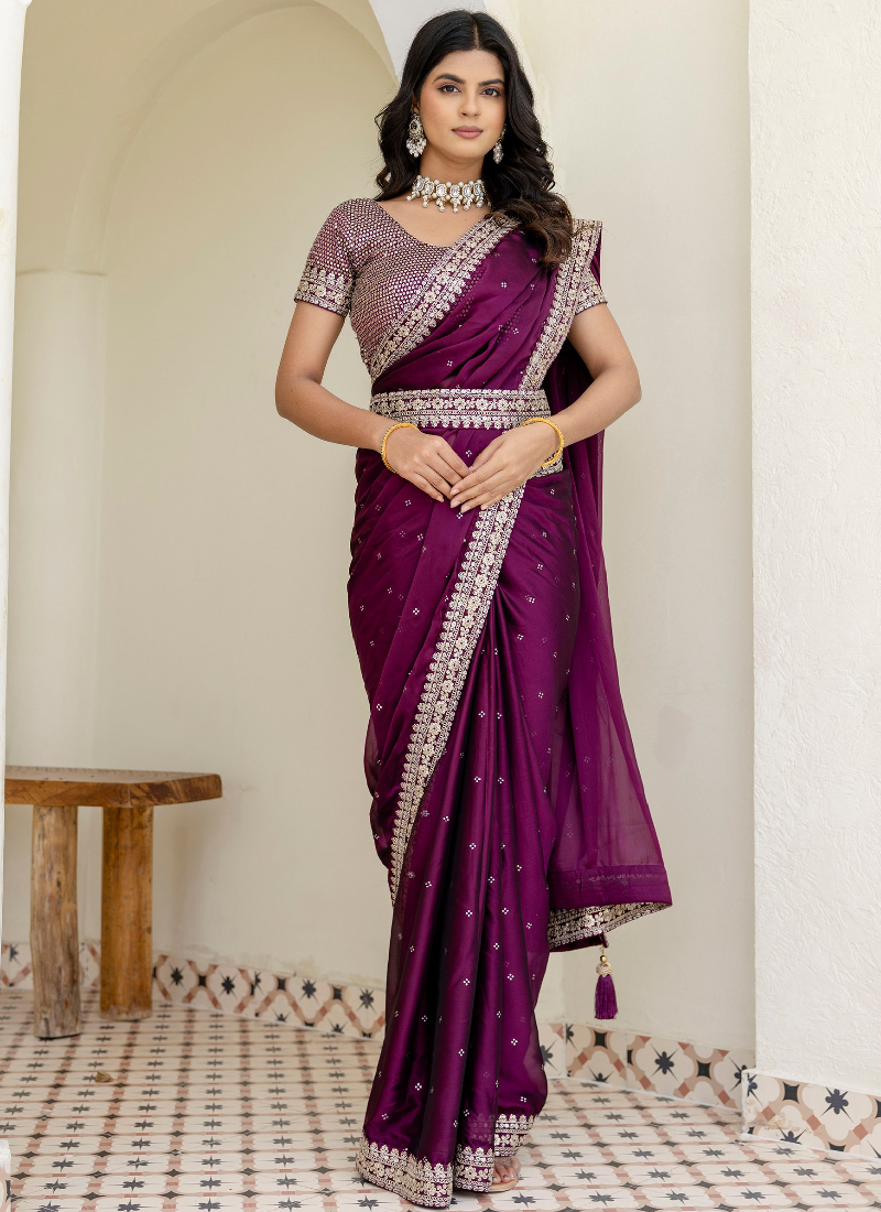 Captivating Sequence Work Silk Wedding Wear Wine Saree With Blouse