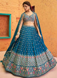 Captivating Thread Embroidered Teal Blue Georgette Lehenga Choli