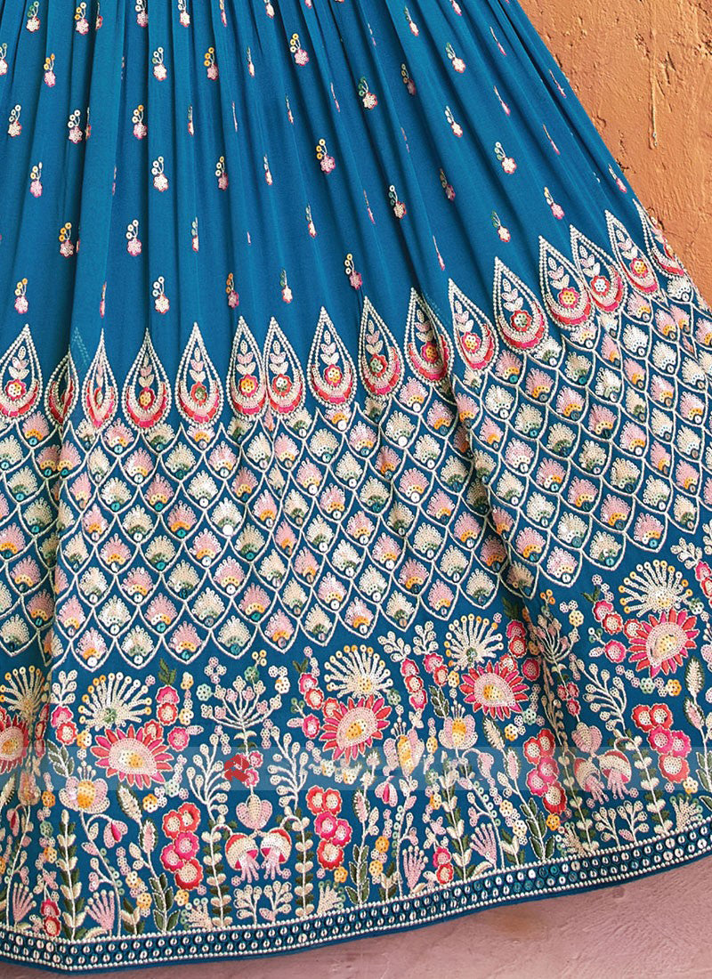 Captivating Thread Embroidered Teal Blue Georgette Lehenga Choli