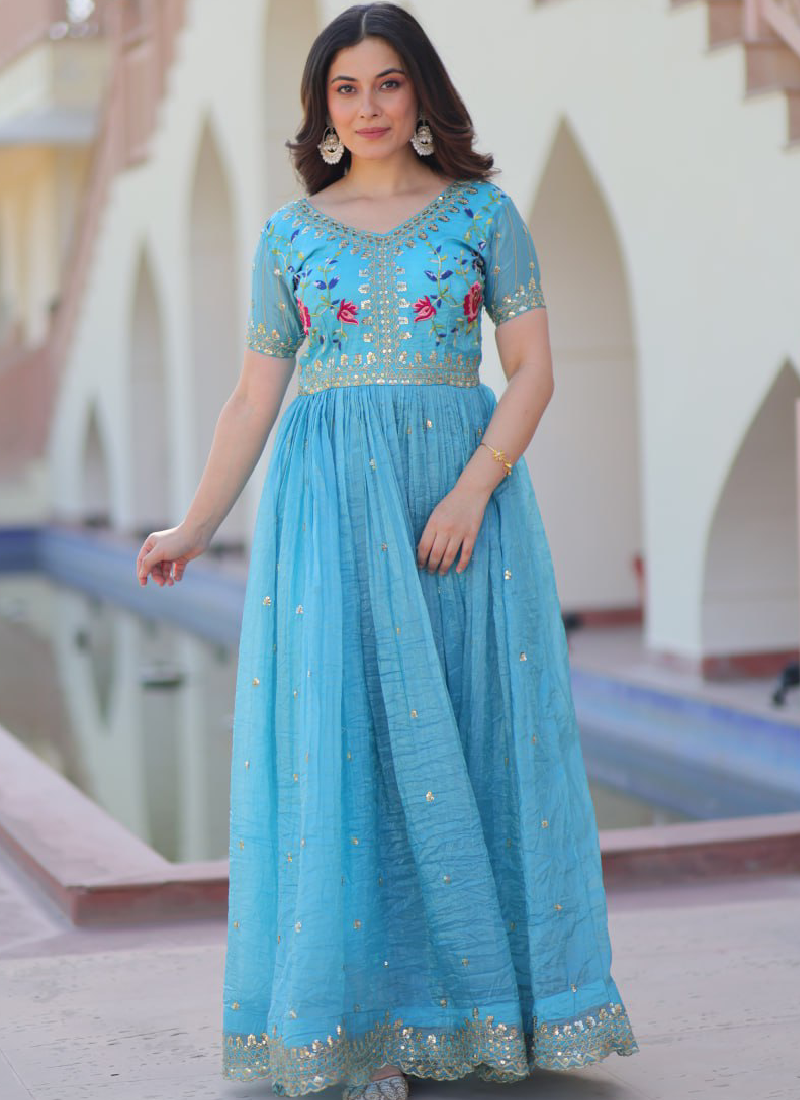 Captivating Tissue Silk Multi Thread Embroidery Work Sky Blue Gown