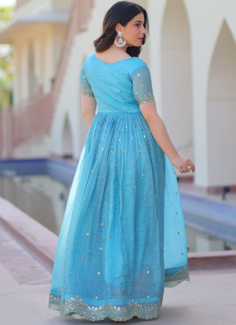 Captivating Tissue Silk Multi Thread Embroidery Work Sky Blue Gown