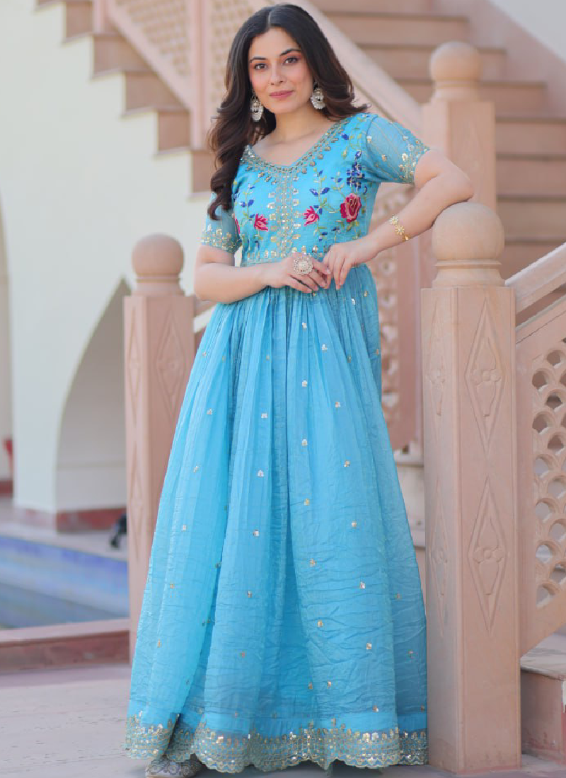 Captivating Tissue Silk Multi Thread Embroidery Work Sky Blue Gown