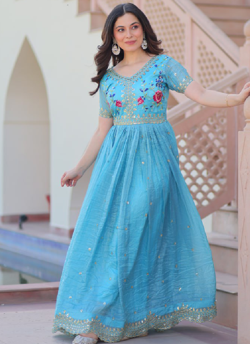 Captivating Tissue Silk Multi Thread Embroidery Work Sky Blue Gown