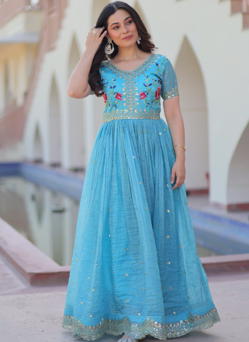 Captivating Tissue Silk Multi Thread Embroidery Work Sky Blue Gown