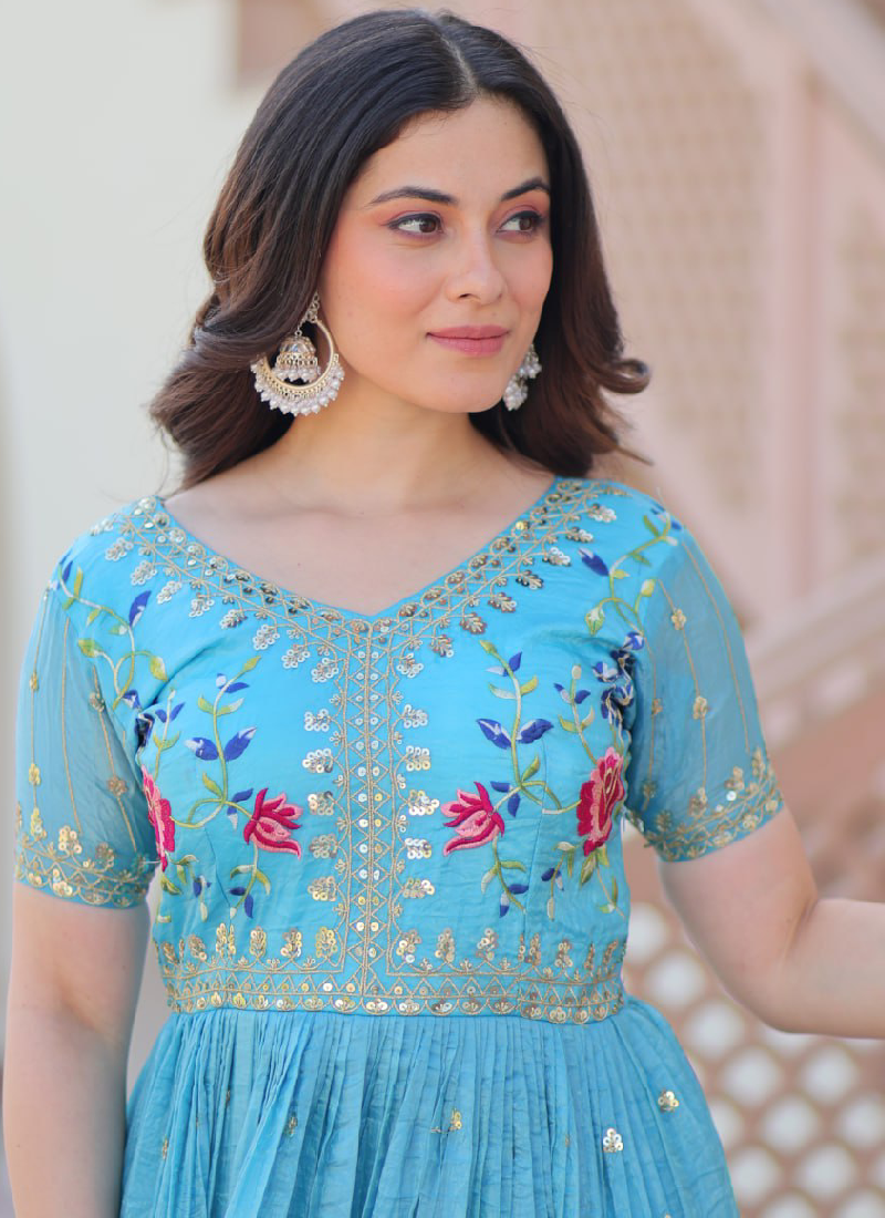 Captivating Tissue Silk Multi Thread Embroidery Work Sky Blue Gown