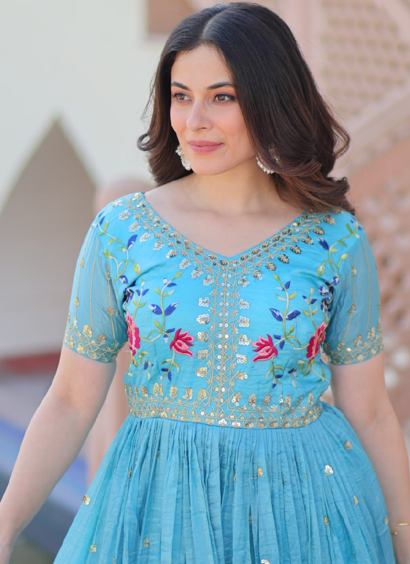 Captivating Tissue Silk Multi Thread Embroidery Work Sky Blue Gown
