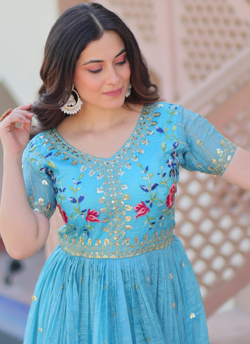 Captivating Tissue Silk Multi Thread Embroidery Work Sky Blue Gown