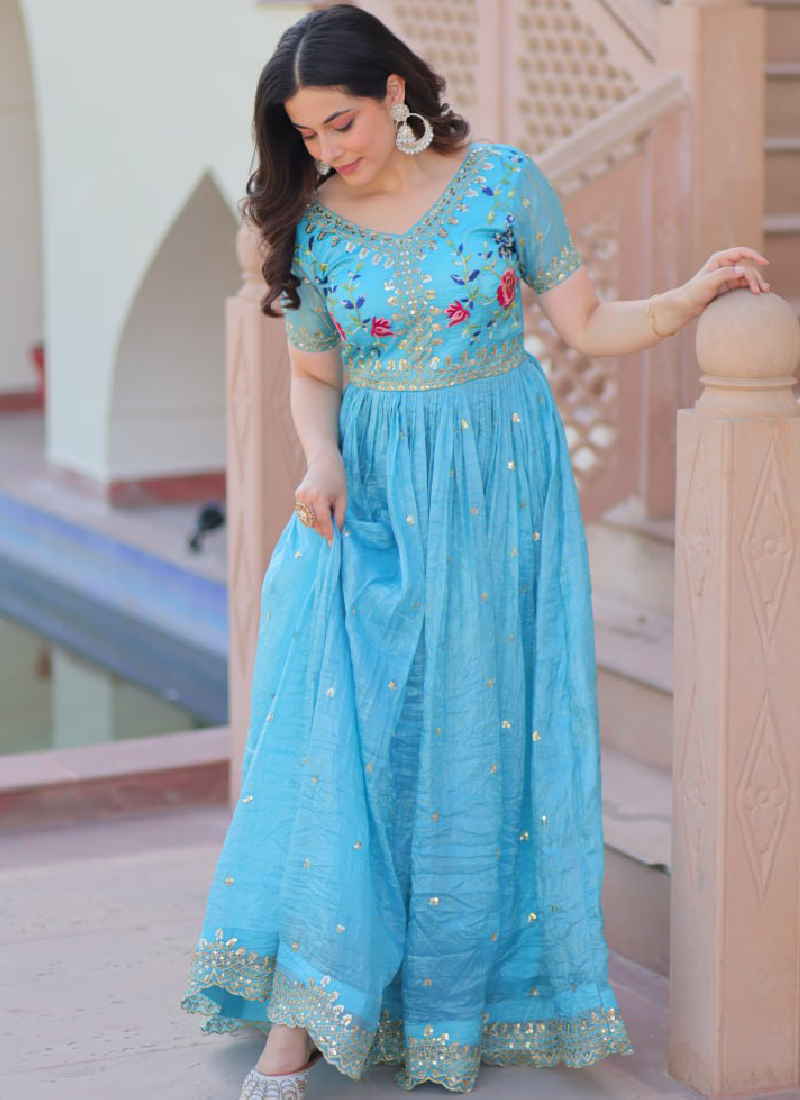 Captivating Tissue Silk Multi Thread Embroidery Work Sky Blue Gown