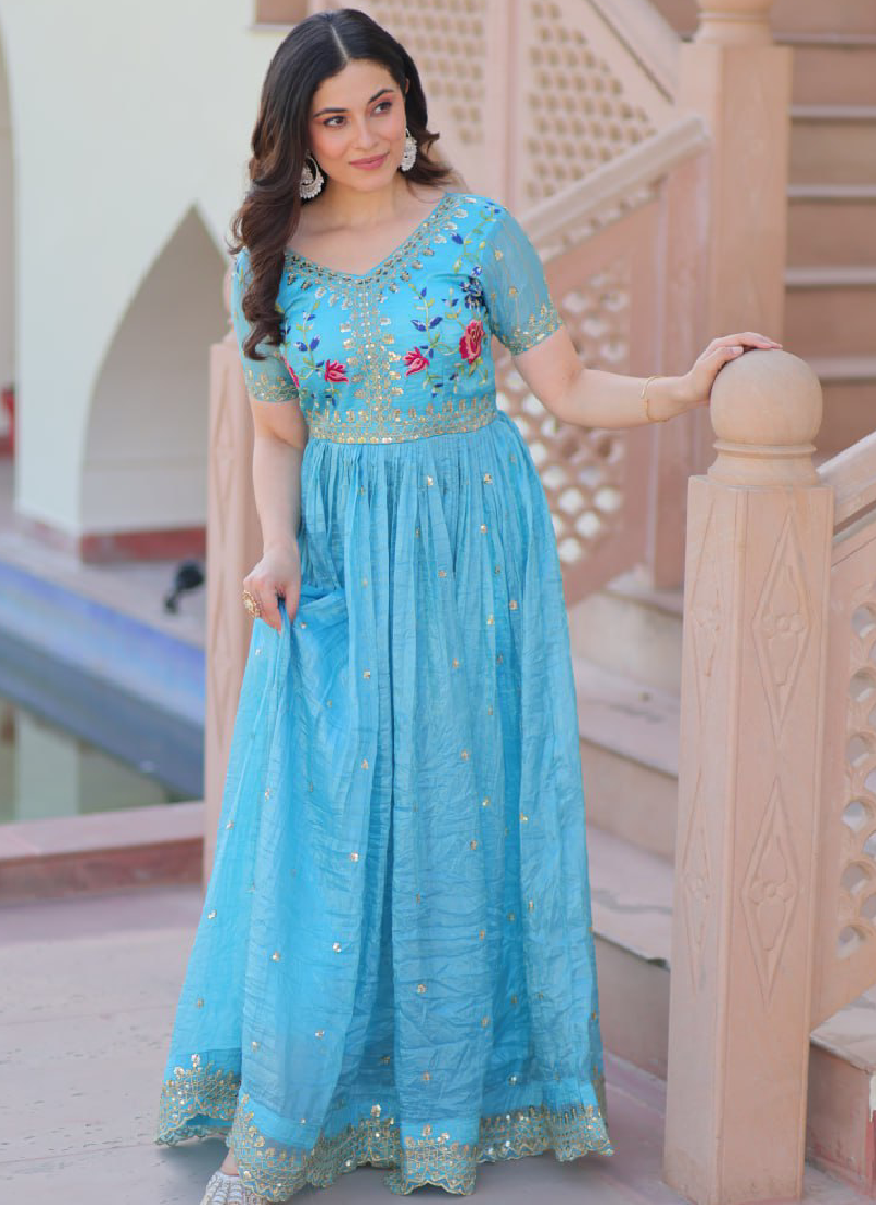 Captivating Tissue Silk Multi Thread Embroidery Work Sky Blue Gown