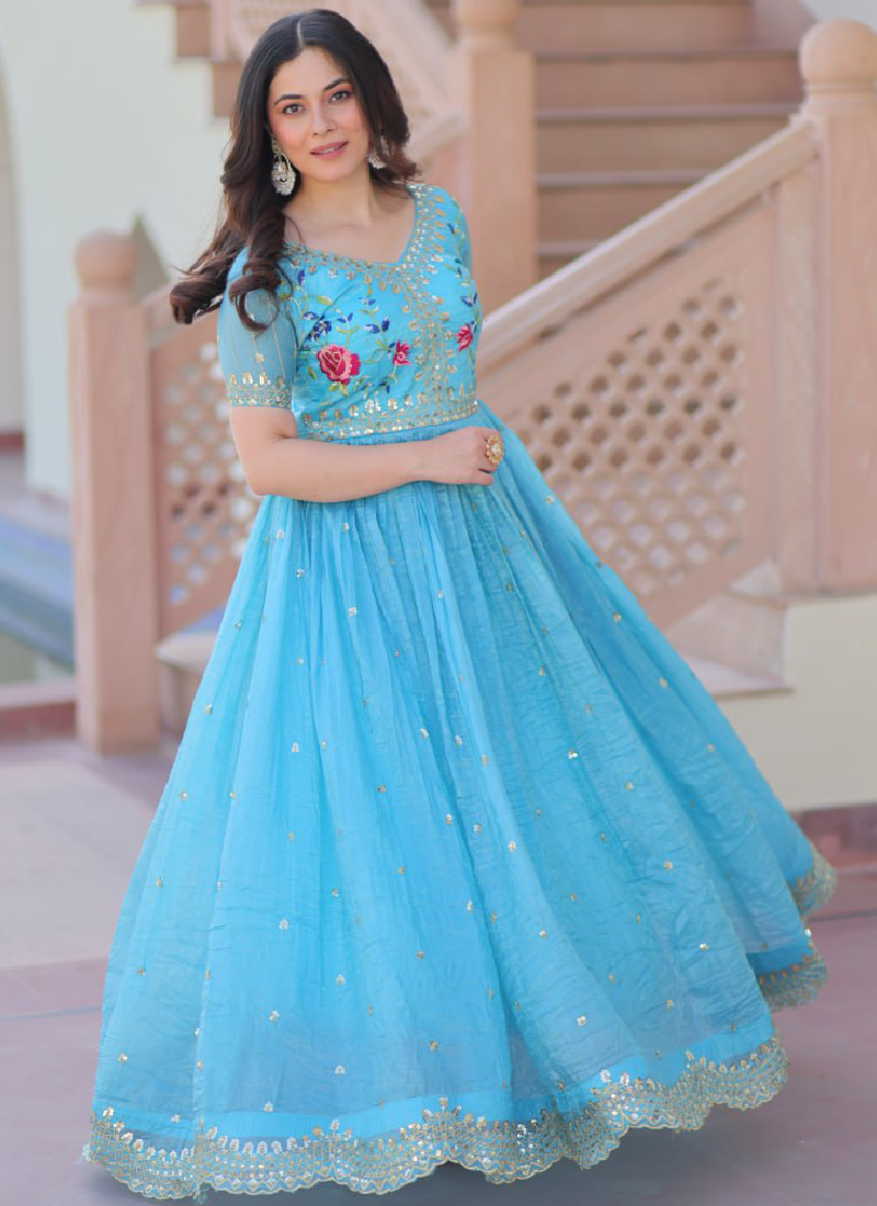 Captivating Tissue Silk Multi Thread Embroidery Work Sky Blue Gown