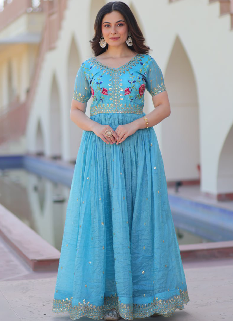 Captivating Tissue Silk Multi Thread Embroidery Work Sky Blue Gown