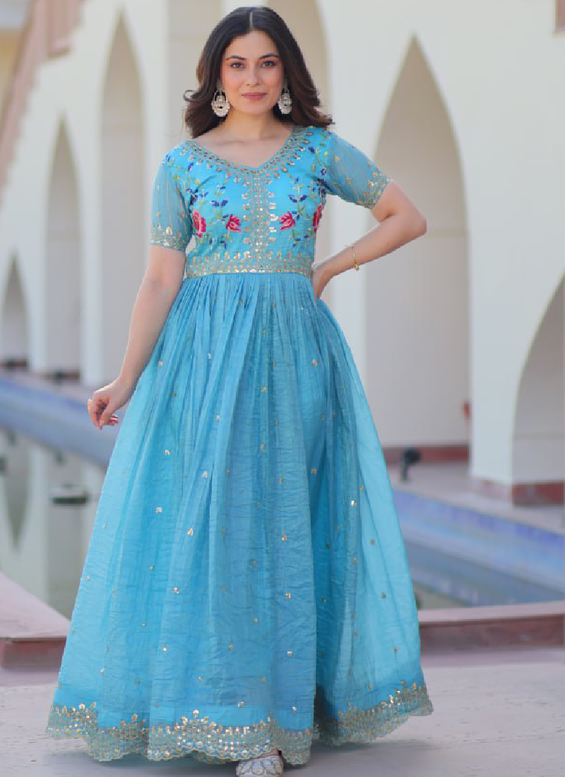 Captivating Tissue Silk Multi Thread Embroidery Work Sky Blue Gown