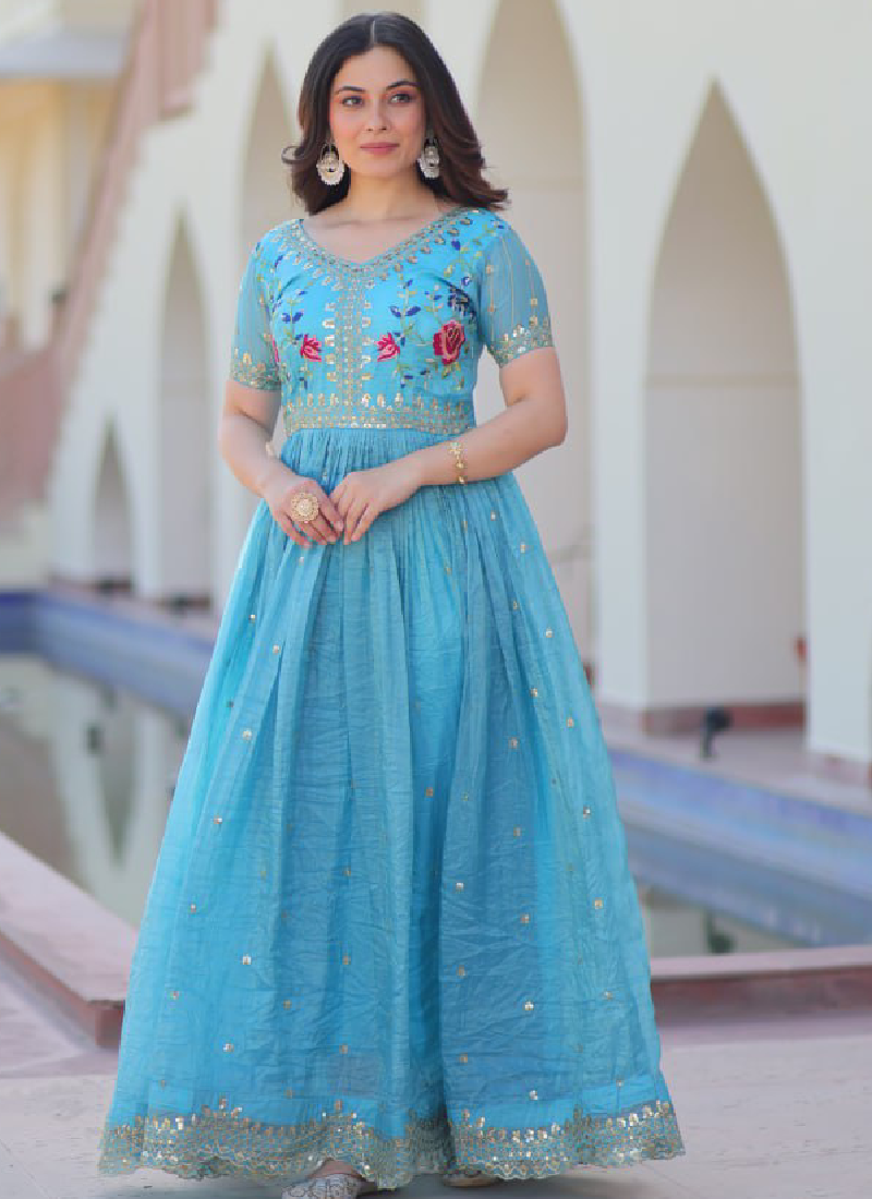 Captivating Tissue Silk Multi Thread Embroidery Work Sky Blue Gown