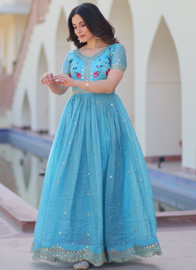 Captivating Tissue Silk Multi Thread Embroidery Work Sky Blue Gown