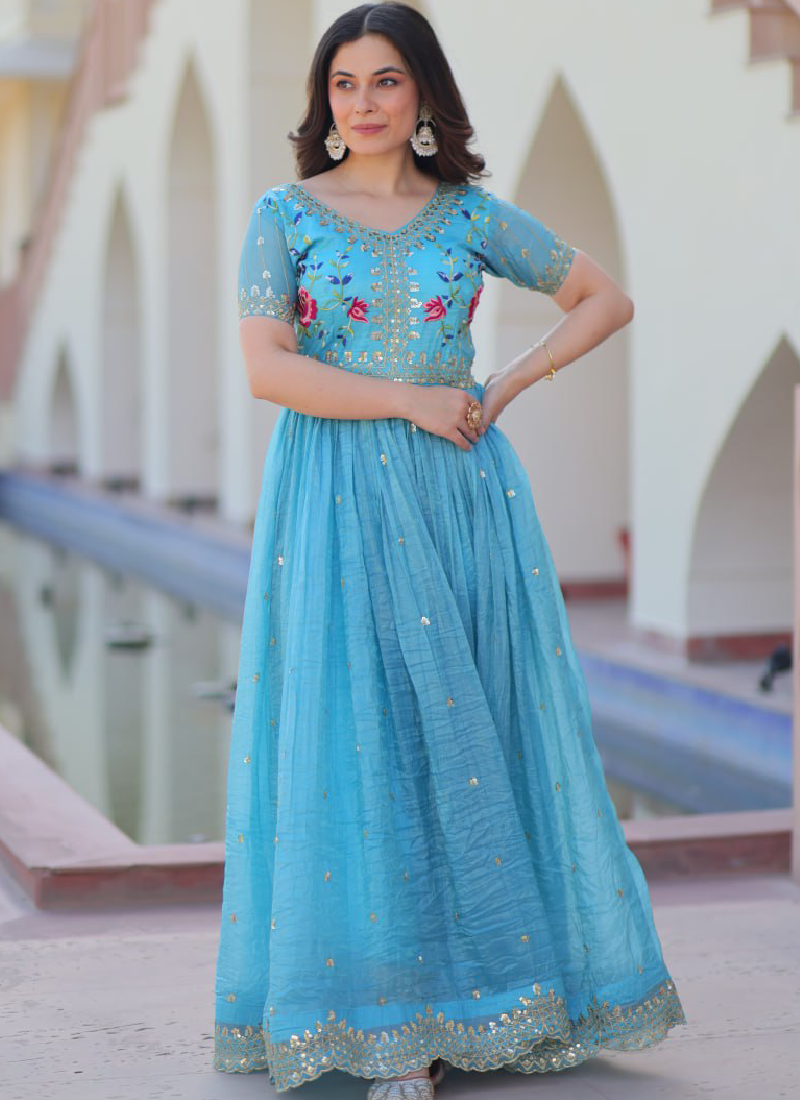 Captivating Tissue Silk Multi Thread Embroidery Work Sky Blue Gown